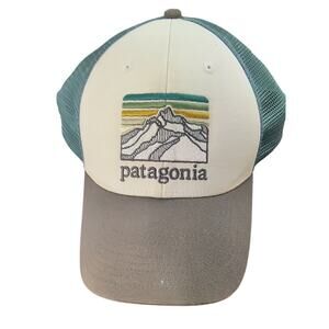 Patagonia Line Logo Ridge LoPro Trucker Snapback Mesh Hat. Men's Blue Tan